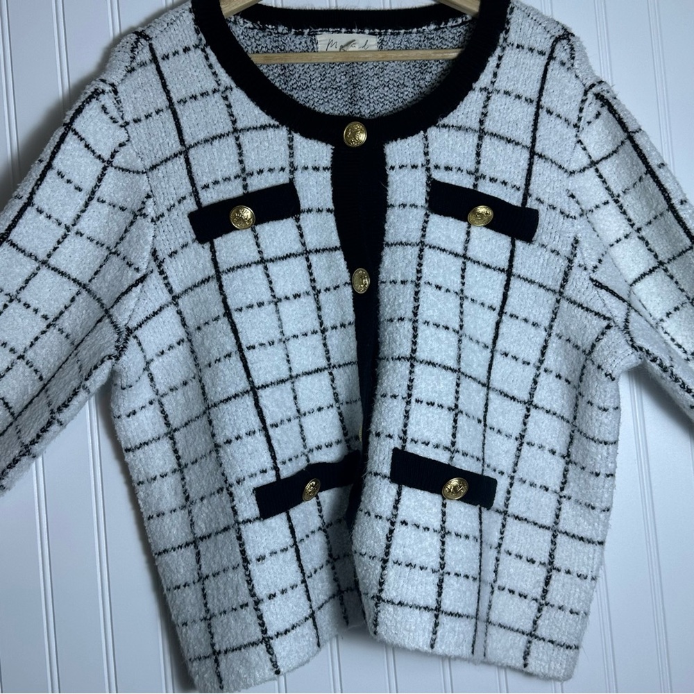 Marled Black and White Grid Pattern Blazer - Picture 14 of 15